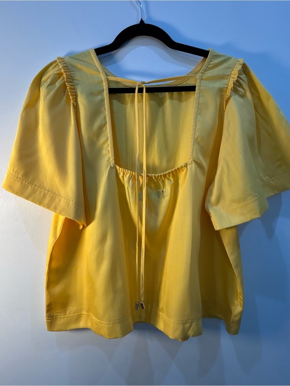 New York & Company Blouse XL Yellow Puff Sleeve Lyocell Cottagecore Tie Back Top - Picture 5 of 11